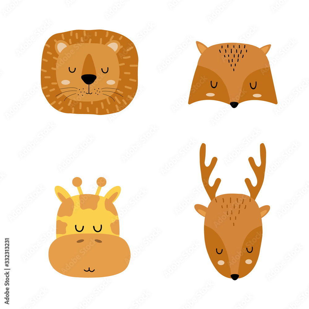 Obraz Set of cute hand drawn slleping animals - lion, fox, giraffe and deer. Cartoon zoo. Vector illustration. Animals for the design of children's products in scandinavian style.