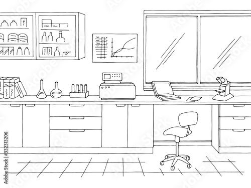 Laboratory graphic black white interior sketch illustration vector