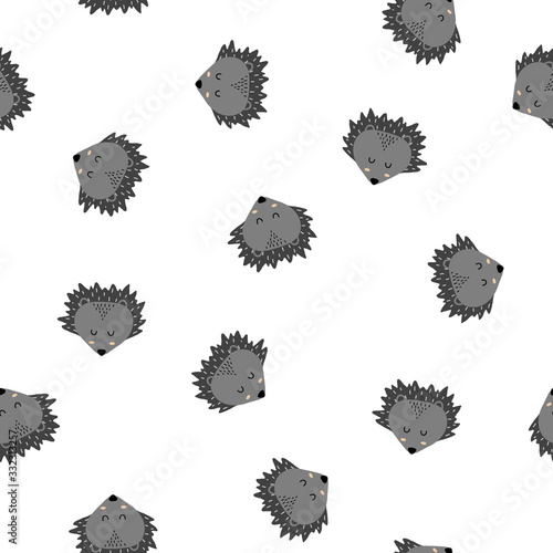 Seamless pattern of cute hand drawn sleeping hedgehog. Cartoon zoo. Vector illustration. Animal for design of children's products in scandinavian style.