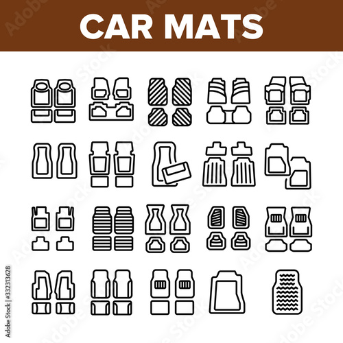 Car Mats Floor Carpet Collection Icons Set Vector. Car Mats, Automobile Elastic Flooring Accessory, Vehicle Interior Part Concept Linear Pictograms. Monochrome Contour Illustrations