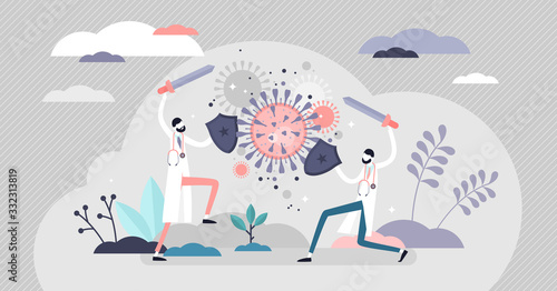 Fighting virus scene vector illustration. Covid-19 flat tiny persons concept.