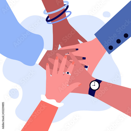 Arms of multiethnic women making unity, togetherness and support gesture. Stack of female hands. Vector illustration for teamwork, cooperation, feminism, community, cooperation concept