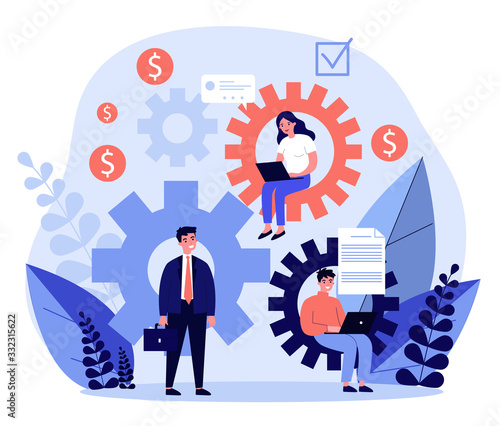 Teamwork strategy for office flat vector illustration. Tiny people with computers seating at big cogwheel. Organization, business mechanism and company mission concept.