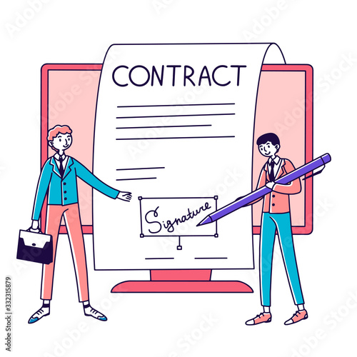 Business people signing online contract with electronic signature vector illustration. Managers signing digital official paper. People reaching formal agreement.