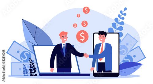 Partners shaking hands flat vector illustration. Businessman and sponsor beginning startup. Partnership, teamwork and relationship concept.