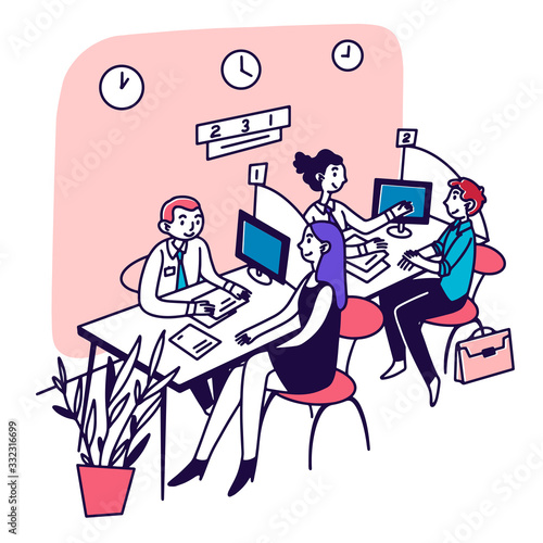 Bank consultant talking to customer. Client consulting employees at reception chart flat vector illustration. Office, service, business concept for banner, website design or landing web page