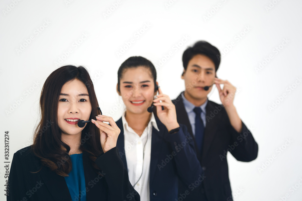 Portrait of positive smile young business staff asian call center team woman and man Portrait of positive smile young business staff asian call center team woman and man