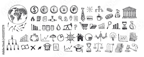 Hand drawn business symbols. Management concept with Doodle design style.