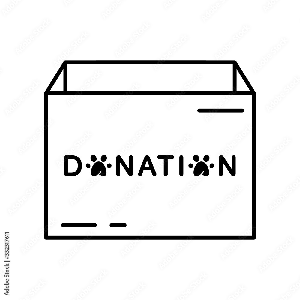 Open cardboard box or container with donation text. Charity for animals, pets, wildlife. Black line art icon or template for poster, banner. Contour isolated vector illustration on white background