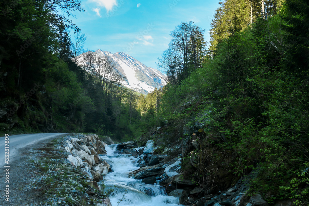 A lush Alpine valley in Austria. There is a stream on the side. In the back there is a high mountain massive, partially covered with snow. Early spring in the mountains