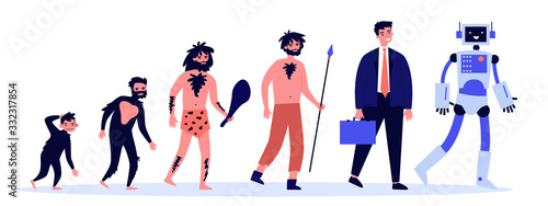 Human evolution theory flat vector illustration. Way from monkey to cyborg or robot. Cavemen as ancestors. Anthropology, reality and history concept.