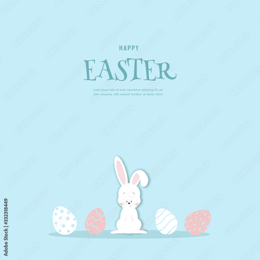 Easter blue card with paper bunny. Easter illustration in cartoon style, shadow, vector. Easter background. Easter bunny with eggs. Vector illustration Easter blue card with paper bunny. Easter illustration in cartoon style, shadow, vector. Easter background. Easter bunny with eggs. Vector illustration