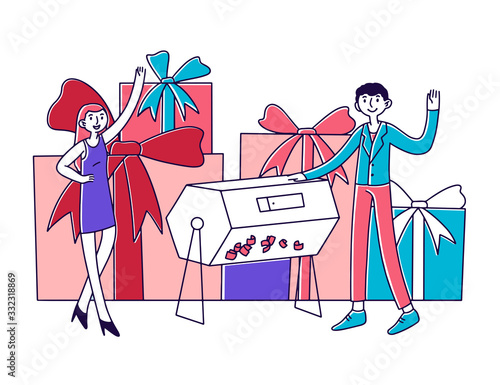 Lucky people winning prize draw. Lottery winners turning raffle drum and getting gift boxes. Vector illustration for fortune, gambling, lotto, success concept