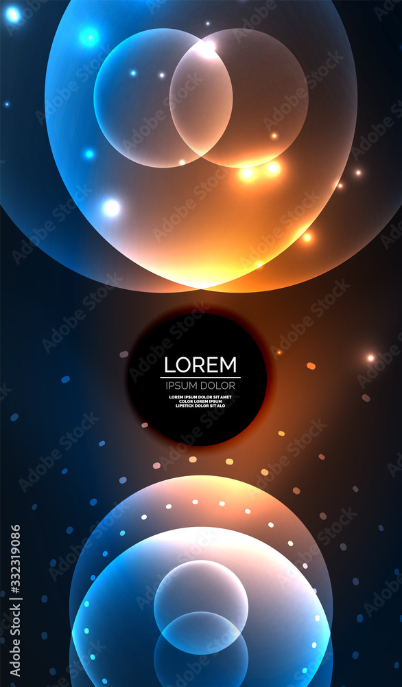 Fototapeta premium Glowing neon shiny transparent abstract geometric shapes with light effects. Techno futuristic vector abstract background For Wallpaper, Banner, Background, Card, Book Illustration, landing page
