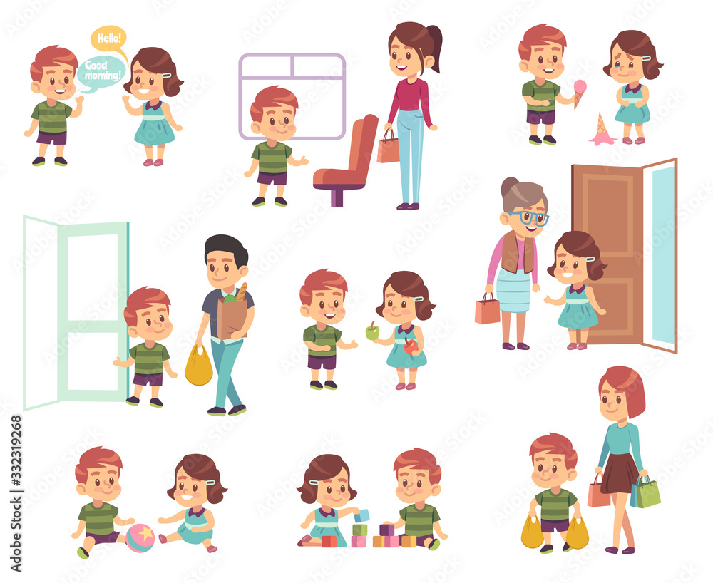 Kids good manners. Polite children in different situations, little boys and girls helping adults, respect elderly cartoon vector characters Kids good manners. Polite children in different situations, little boys and girls helping adults, respect elderly cartoon vector characters