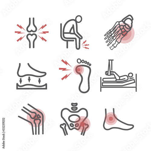 Leg pain. Foot problems. Vector signs for web graphics.