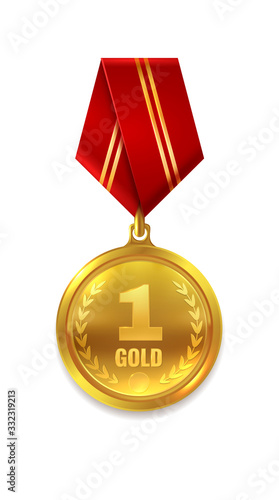 First place. Prize or award for success and winning with red ribbon isolated vector golden medal