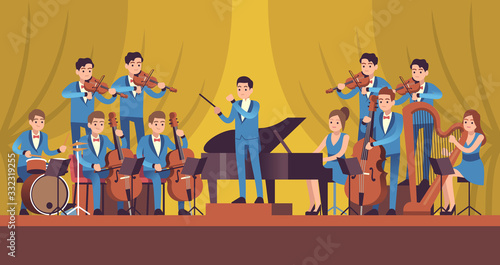 Symphony Orchestra. Classical music concert, conductor and musicians with instruments violin, flute and cello, trumpet and harp vector concept