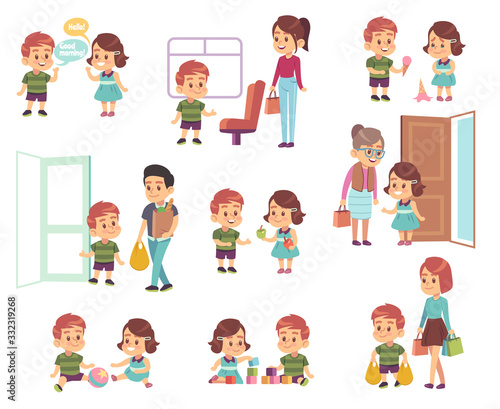 Kids good manners. Polite children in different situations, little boys and girls helping adults, respect elderly cartoon vector characters © YummyBuum