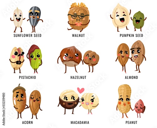 Cartoon nuts. Smiling funny characters with faces nut pecan and almond, macadamia and pistachios, peanut. Hazelnut, walnut, cashew vector set