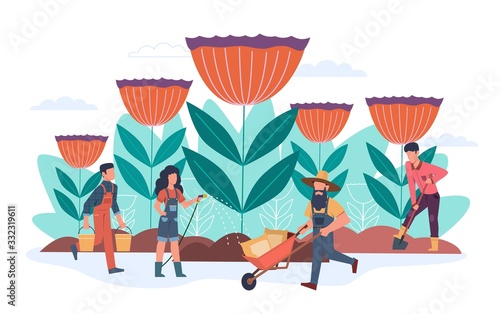 Gardener. Men and women studying plants in nature, growing flower and look after garden, ecology environment, horticulture vector concept