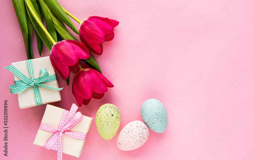 Decorative Easter eggs and tulips Decorative Easter eggs and tulips