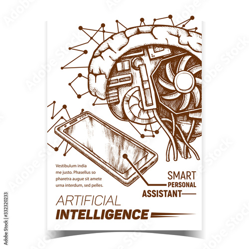 Artificial Intelligence Ai Promotion Banner Vector. Ai Cybernetic Brain And Phone Smart Personal Assistant Device. Motherboard, Cooler And Computer Details Monochrome Illustration
