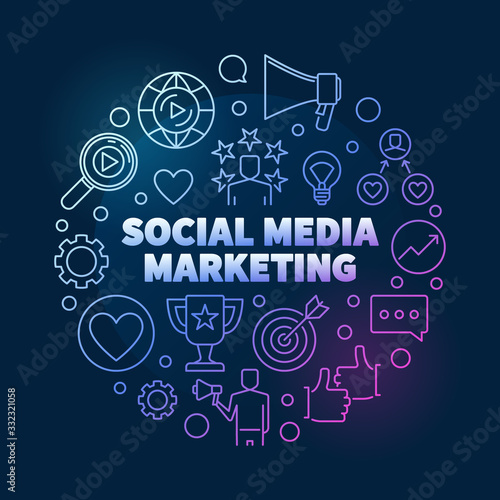 Social Media Marketing vector round colorful concept linear illustration on dark background