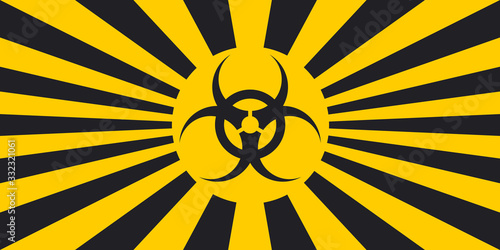 Horizontal background black and yellow rays hazard ncov symbol, vector quarantine banner warning of the danger Contracting covid coronavirus