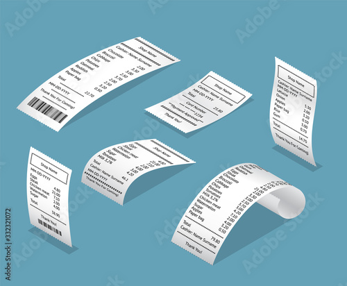 Paper Print Check Receipts Bill 3d Icon Set Isometric View. Vector