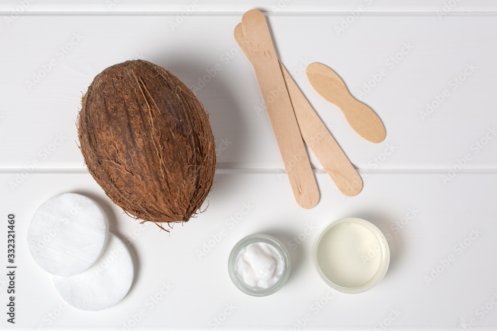 Natural organic cosmetics. Coconut, oil, cream, moisturizing. Spa, beauty Salon, skin care. Eco cosmetic. Healthy lifestyle. Still life. Handmade. Top view, flat lay, concept. Natural organic cosmetics. Coconut, oil, cream, moisturizing. Spa, beauty Salon, skin care. Eco cosmetic. Healthy lifestyle. Still life. Handmade. Top view, flat lay, concept.