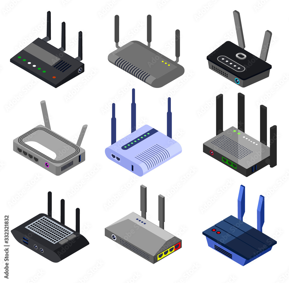 Wifi router vector isometric set icon. Isolated isometric set icon internet  modem. Vector illustration wifi router on white background. Stock ベクター |  Adobe Stock