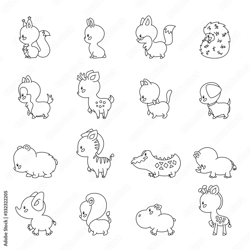 Set of 16 cute animals. Outlined animals isolated on white background. Vector 8 EPS