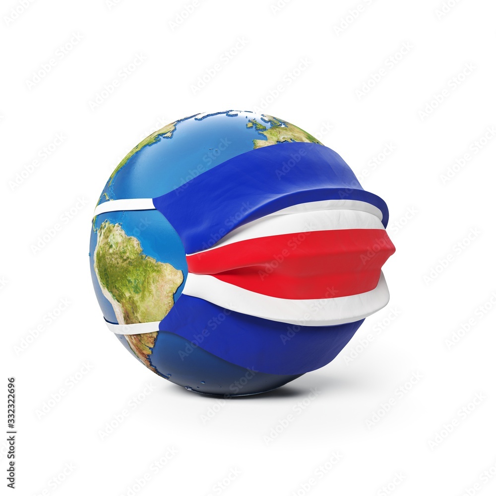 Earth Globe in a medical mask with flag of Costa Rica isolated on white background. Global epidemic of Chinese coronavirus concept. Earth Globe in a medical mask with flag of Costa Rica isolated on white background. Global epidemic of Chinese coronavirus concept.