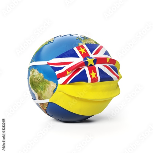Earth Globe in a medical mask with flag of Niue isolated on white background. Global epidemic of Chinese coronavirus concept.