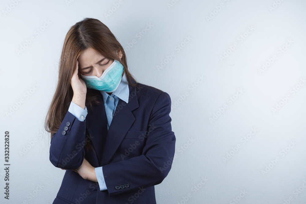 The business woman coughing flu from coronavirus and pm 2.5. Coronavirus and Air pollution pm 2.5 concept. The business woman coughing flu from coronavirus and pm 2.5. Coronavirus and Air pollution pm 2.5 concept.