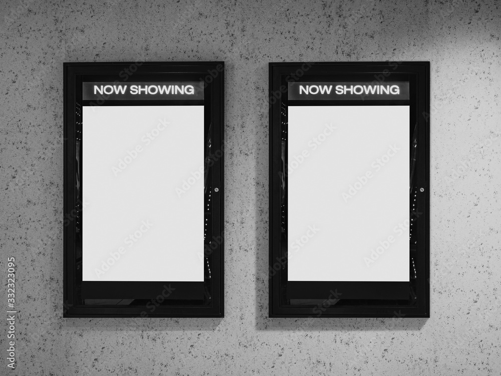 Mock up poster frame on wall. Cinema Now showing movie Poster in Movie