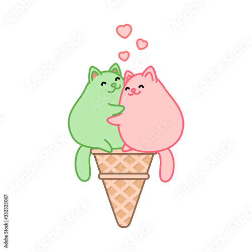 Cute cat ice-cream. Illustration of ice-creams looks like kawaii hugging cats in a waffle cone. Vector 8 EPS.