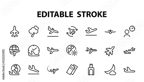  A simple set of airport related vector line icons. Contains badges such as departure  boarding  waiting time  boarding  find a place to travel tickets  and much more. Editable stroke. 48x48 pixels