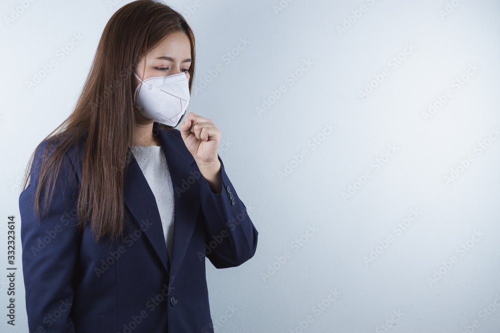 The business woman coughing flu from coronavirus and pm 2.5. Coronavirus and Air pollution pm 2.5 concept. The business woman coughing flu from coronavirus and pm 2.5. Coronavirus and Air pollution pm 2.5 concept.