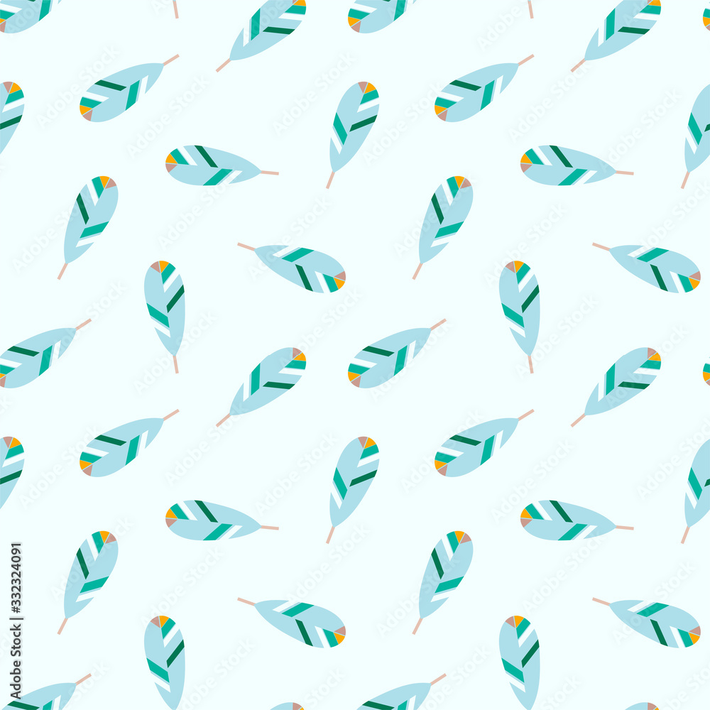 Fototapeta Feather pattern. Seamless blue ornament of feathers. Illustration in flat style. Vector 8 EPS.