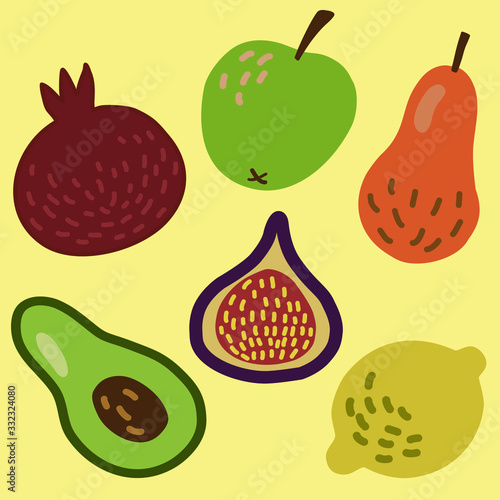 Fruit. Figs Apple. Pear. Lemon. Garnet. Avocado. Vector illustration.