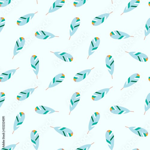 Feather pattern. Seamless blue ornament of feathers. Illustration in flat style. Vector 8 EPS. © slybrowney