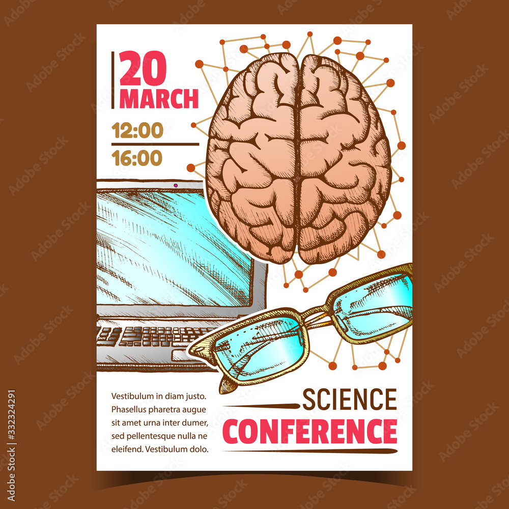 Medicine Science Conference Promo Poster Vector. Human Head Organ Brain Top View, Glasses Spectacles And Laptop Doctor Speaker Anatomy Lessons Tools. Designed In Retro Style Color Illustration Medicine Science Conference Promo Poster Vector. Human Head Organ Brain Top View, Glasses Spectacles And Laptop Doctor Speaker Anatomy Lessons Tools. Designed In Retro Style Color Illustration