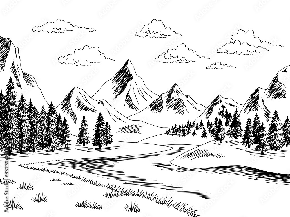 Plakat Mountain river graphic black white landscape sketch illustration vector