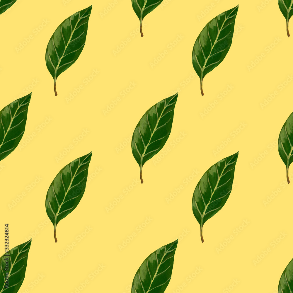 Seamless pattern with avocado leaf on a light yellow background. Hand-drawn raster seamless print with avocado leaf.