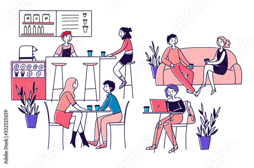 People sitting in cafe  drinking coffee and working on laptops vector illustration. Men and women coworking and chatting in coffeehouse. Barista serving coffee to customers. Coffeeshop interior