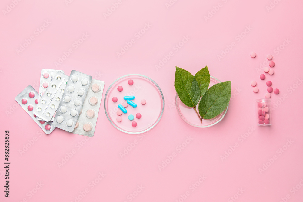 Plant based pills on color background Plant based pills on color background