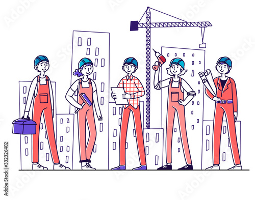 Team of builders working on construction site. Painter, engineer, foreman in helmets holding tools and blueprints at cranes and buildings. Vector illustration for teamwork, labor, occupation