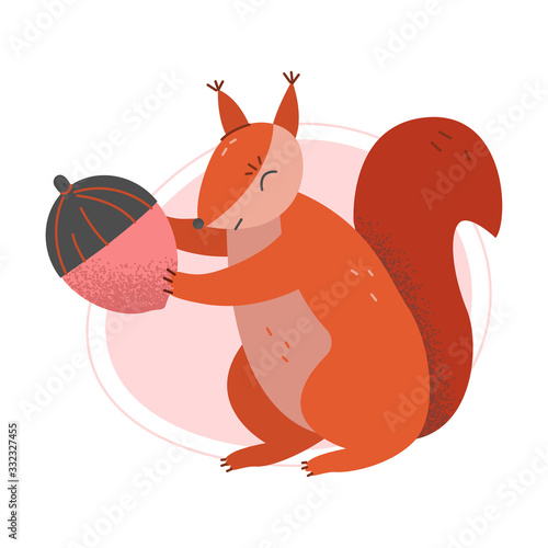 Cute Squirrel Furry Animal Holding Acorn Vector Illustration